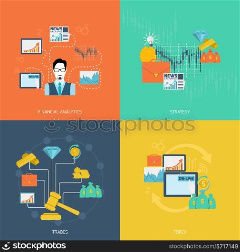 Finance exchange flat icons set with financial analytics strategy trades forex isolated vector illustration