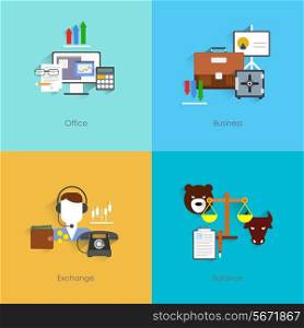 Finance exchange flat set with office business balance isolated vector illustration