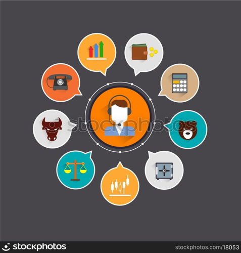 Finance exchange icons set with office business balance and trader avatar vector illustration