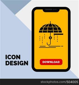 Finance, financial, insurance, money, protection Glyph Icon in Mobile for Download Page. Yellow Background. Vector EPS10 Abstract Template background