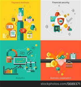 Finance flat icons set with payment methods financial security analytic business cooperation isolated vector illustration