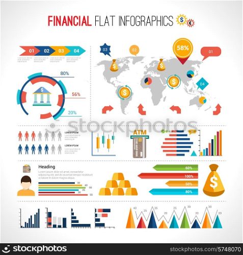 Finance flat infographic set with financial currency exchange business elements with world map vector illustration