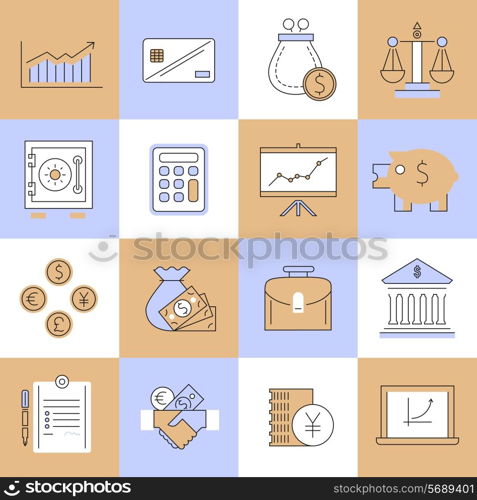 Finance flat line icons set with cash handshake calculator isolated vector illustration