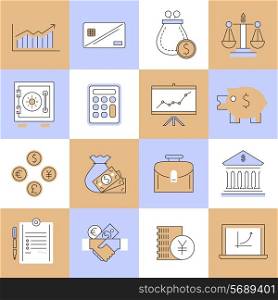 Finance flat line icons set with cash handshake calculator isolated vector illustration