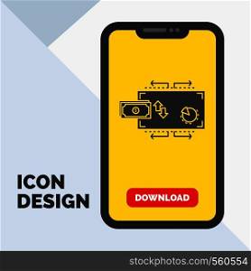 Finance, flow, marketing, money, payments Glyph Icon in Mobile for Download Page. Yellow Background. Vector EPS10 Abstract Template background