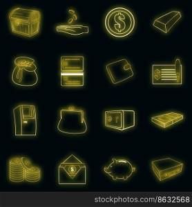 Finance icons in neon style. Money set collection isolated vector illustration. Finance icons set vector neon