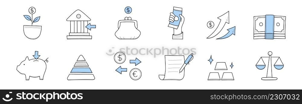 Finance icons of money exchange, bank, payment, credit and investment. Vector doodle signs of currency, piggy bank, wallet with coins, graph, ingot, plant and scales. Finance icons of money exchange, bank, payment