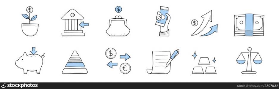 Finance icons of money exchange, bank, payment, credit and investment. Vector doodle signs of currency, piggy bank, wallet with coins, graph, ingot, plant and scales. Finance icons of money exchange, bank, payment