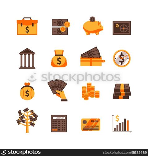 Finance Icons Set. Flat color finance icons set with cash card and dollar sign isolated vector illustration
