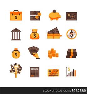 Finance Icons Set. Flat color finance icons set with cash card and dollar sign isolated vector illustration