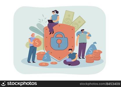 Finance insurance and safety concept. People protecting money and financial data, using shield and lock. Flat vector illustration for savings protection, bank clients, accounting topics