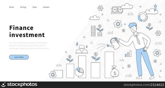 Finance investment doodle landing page, money grow concept with investor water chart with money tree seedling, gold bars and sack with dollars, Wealth rise, income growth, Line art vector web banner. Finance investment doodle landing page, money grow