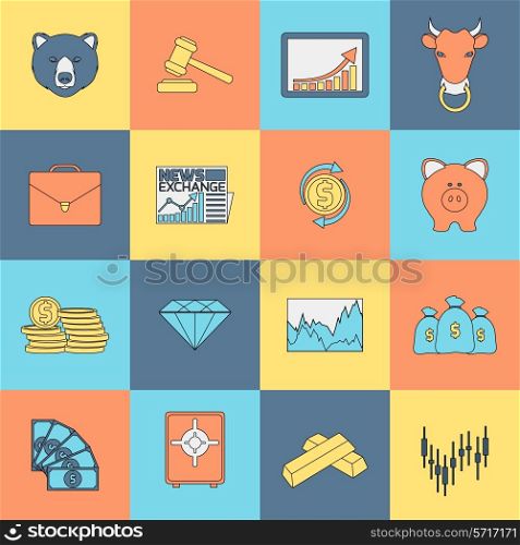 Finance investment money currency exchange trading icons flat line set isolated vector illustration