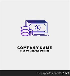 Finance, investment, payment, Money, dollar Purple Business Logo Template. Place for Tagline. Vector EPS10 Abstract Template background