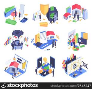 Finance isometric icons set with stock exchange bank building secure money transfer electronic wallet isolated vector illustration