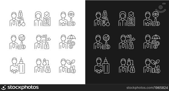 Finance jobs linear icons set for dark and light mode. Investment specialists. Financial safety experts. Customizable thin line symbols. Isolated vector outline illustrations. Editable stroke. Finance jobs linear icons set for dark and light mode