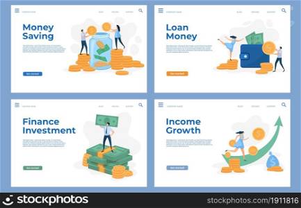 Finance landing pages with flat characters and money cash. Savings, business investment, loan and income growth vector website templates set. Wealthy people holding banknotes and coins. Finance landing pages with flat characters and money cash. Savings, business investment, loan and income growth vector website templates set