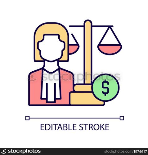Finance law RGB color icon. Financial services and banking lawyer. Law regulation expert. Isolated vector illustration. Legal advisors for corporate cases. Simple filled line drawing. Editable stroke. Finance law RGB color icon