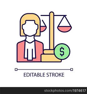 Finance law RGB color icon. Financial services and banking lawyer. Law regulation expert. Isolated vector illustration. Legal advisors for corporate cases. Simple filled line drawing. Editable stroke. Finance law RGB color icon