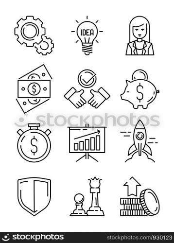 Finance line icons. Business symbols team strategy and economic support web startup vector outline. Illustration of financial strategy and tactic, profit and saving cash. Finance line icons. Business symbols team strategy and economic support web startup vector outline