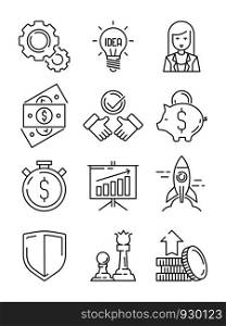 Finance line icons. Business symbols team strategy and economic support web startup vector outline. Illustration of financial strategy and tactic, profit and saving cash. Finance line icons. Business symbols team strategy and economic support web startup vector outline