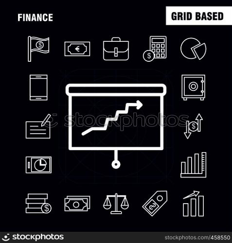 Finance Line Icons Set For Infographics, Mobile UX/UI Kit And Print Design. Include: Pie Chart, Graph, Business, Presentation, Bell, Ringing, Ring, Collection Modern Infographic Logo and Pictogram. - Vector