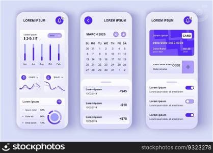 Finance manager unique neomorphic design kit. Tracking expenses app with credit card balance, payment reminders and analytics. Online banking UI, UX template set. GUI for responsive mobile application