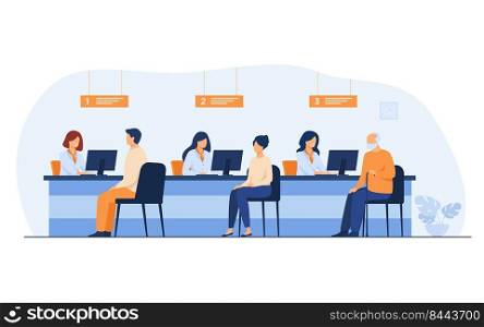 Finance managers working with clients isolated flat vector illustration. Cartoon people sitting in bank office for money exchange. Bank interior and credit department concept