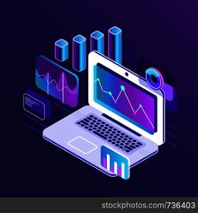 Finance market analysis isometric 3d charts on business tablet laptop. Analytical report diagram concept and web financial investment calculator infographic data digital chart vector flat illustration. Finance market analysis isometric 3d charts on business laptop. Analytical report with infographic data chart vector flat illustration
