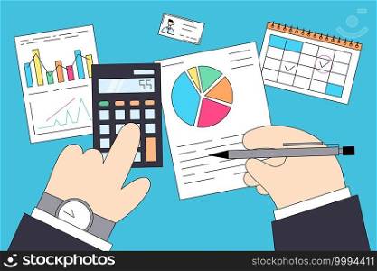 Finance, marketing and tax counting system concept. Hands of accounting businessmen sitting and calculating incomes expenditure analyzing investment data statistics and development vector, top view. Finance, marketing and tax counting system concept