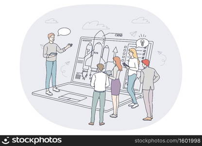 Finance, marketing data analytics, teamwork concept. People business partners workers cartoon characters analysing financial data and discussing development and startup conditions in office . Finance, marketing data analytics, teamwork concept
