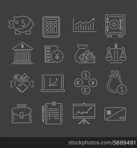Finance outline icons set with piggy bank graph briefcase isolated vector illustration