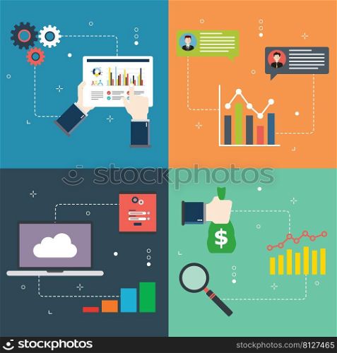 Finance, report, computer, financial, data and accountancy icons. Concepts of report market, gains financial, data organization and accountancy chart. Flat design icons in vector illustration.