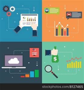 Finance, report, computer, financial, data and accountancy icons. Concepts of report market, gains financial, data organization and accountancy chart. Flat design icons in vector illustration.