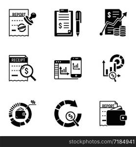 Finance report icon set. Simple set of 9 finance report vector icons for web design isolated on white background. Finance report icon set, simple style
