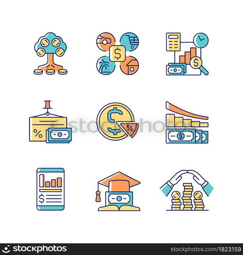 Finance RGB color icons set. Money investment. Business report. Project revenue. Financial literacy. Understanding economy. Isolated vector illustrations. Simple filled line drawings collection. Finance RGB color icons set