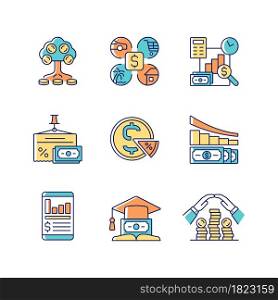 Finance RGB color icons set. Money investment. Business report. Project revenue. Financial literacy. Understanding economy. Isolated vector illustrations. Simple filled line drawings collection. Finance RGB color icons set