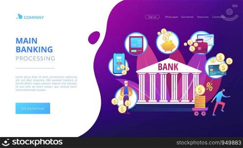 Finance services. Financial transaction. E-commerce and e-payment. Banking operations, main banking processing, easy banking services concept. Website homepage landing web page template.. Banking operations concept landing page
