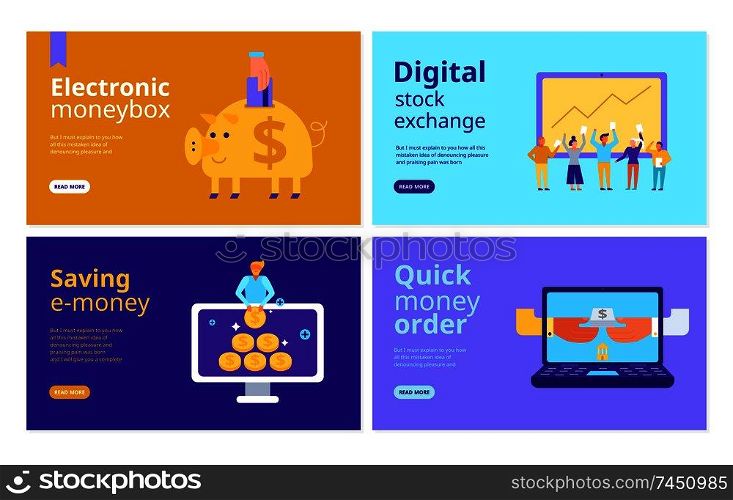 Finance set of banners with digital stock exchange online remittance electronic piggy bank isolated vector illustration
