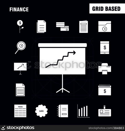 Finance Solid Glyph Icons Set For Infographics, Mobile UX/UI Kit And Print Design. Include: Graph, Business, Rate, Chart, Files, Documents, Folders, Text, Collection Modern Infographic Logo and Pictogram. - Vector