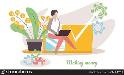 Finance Success, Money Wealth, Business Man Sitting near Money Plant with Growing Curve Arrow. Growth Financial Profit Diagram, Investment, Income, Financial Success Cartoon Flat Vector Illustration. Business Man Sitting near Money Plant with Arrow
