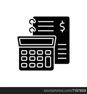 Financial accounting black glyph icon. Inventory management, bookkeeping, audit and report. Income and expenses calculating. Silhouette symbol on white space. Vector isolated illustration