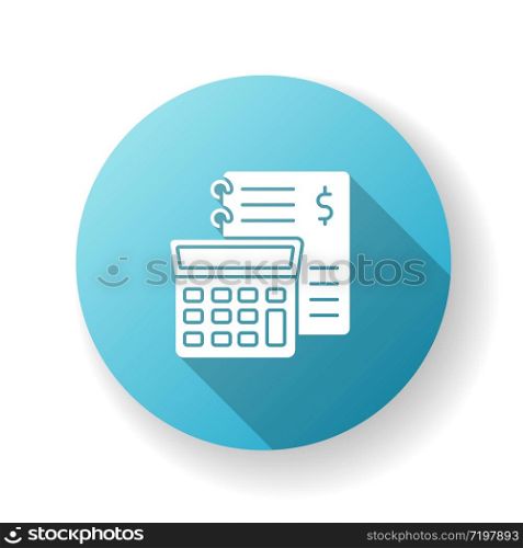 Financial accounting blue flat design long shadow glyph icon. Inventory management, bookkeeping, audit and report. Income and expenses calculating. Silhouette RGB color illustration
