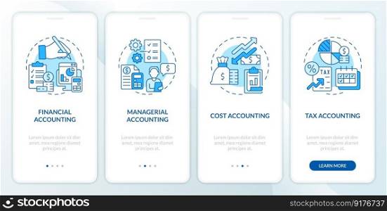 Financial accounting blue onboarding mobile app screen. Walkthrough 4 steps editable graphic instructions with linear concepts. UI, UX, GUI template. Myriad Pro-Bold, Regular fonts used. Financial accounting blue onboarding mobile app screen