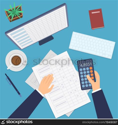 Financial accounting. Business plan, investment profit research. Office work desk top view vector illustration. Accounting financial view, analysis and calculate. Financial accounting. Business plan, investment profit research. Office work desk top view vector illustration