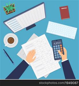 Financial accounting. Business plan, investment profit research. Office work desk top view vector illustration. Accounting financial view, analysis and calculate. Financial accounting. Business plan, investment profit research. Office work desk top view vector illustration