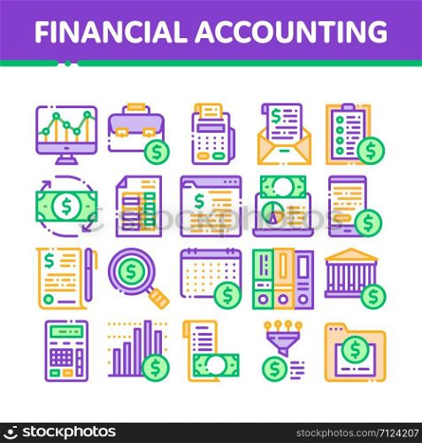 Financial Accounting Collection Vector Icons Set Thin Line. Money Dollar Sings On Smartphone Display And Magnifier, Web Site And Laptop Financial Concept Linear Pictograms. Color Contour Illustrations. Financial Accounting Collection Vector Icons Set
