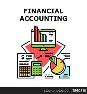 Financial Accounting Vector Icon Concept. Financial Accounting And Analyzing Annual Report. Researching Diagram And Infographic On Screen, Balance Sheet And Income Statement Color Illustration. Financial Accounting Concept Color Illustration