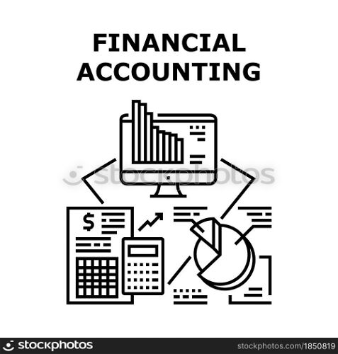 Financial Accounting Vector Icon Concept. Financial Accounting And Analyzing Annual Report. Researching Diagram And Infographic On Screen, Balance Sheet And Income Statement Black Illustration. Financial Accounting Concept Black Illustration