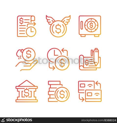 Financial activities pixel perfect gradient linear vector icons set. Bank payments. Cheque book. Wasting money. Thin line contour symbol designs bundle. Isolated outline illustrations collection. Financial activities pixel perfect gradient linear vector icons set